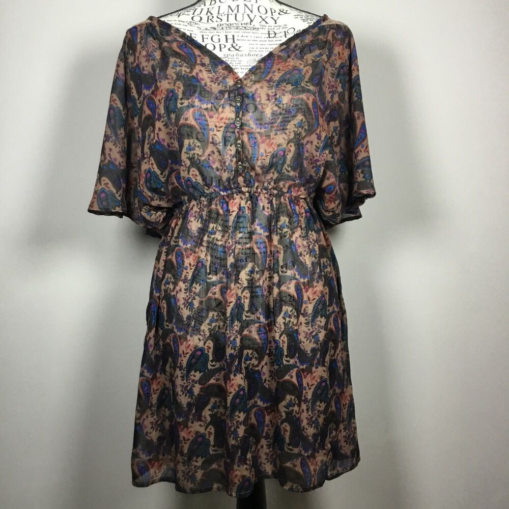Sheer tunic dress coverup paisley pattern elastic waist ruffle sleeve lace L - Picture 1 of 5